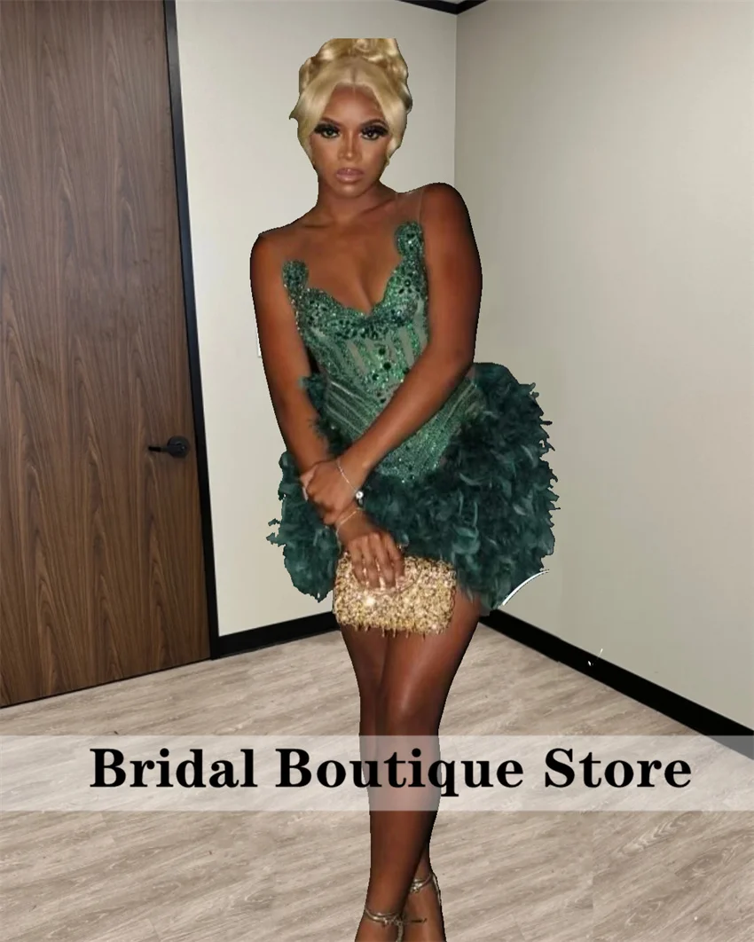 

Glitter Green Prom Dress For Balck Girls Beads Feather Birthday Party Cocktail Gowns Custom Homecoming Customized