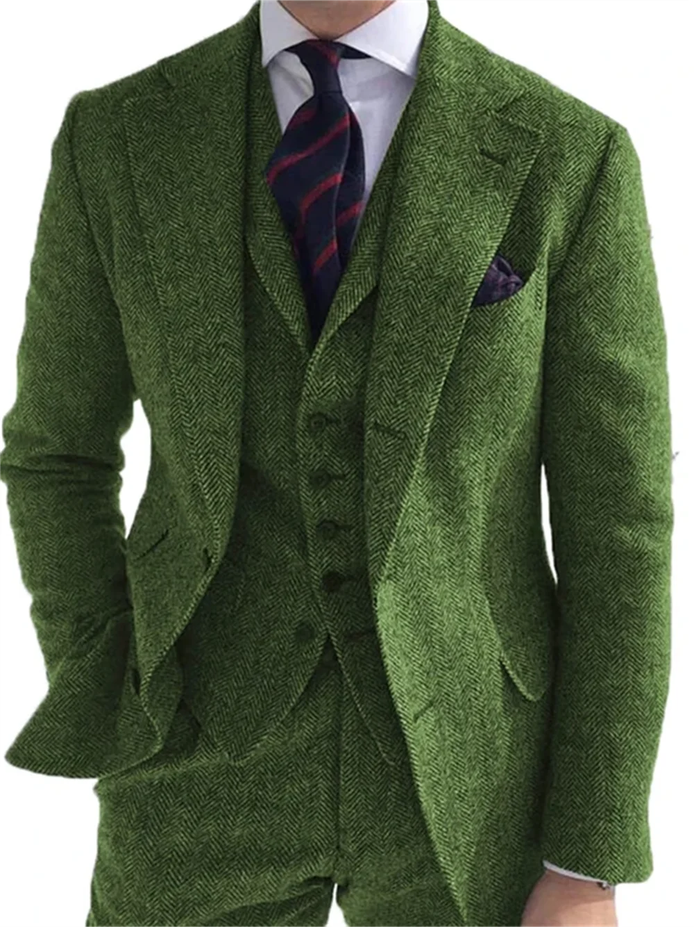 Men‘s Suits 3 Pieces Green Wool Tweed Herringbone Business Retro Classic PatternTuxedos For Wedding Blazer Pants Vest