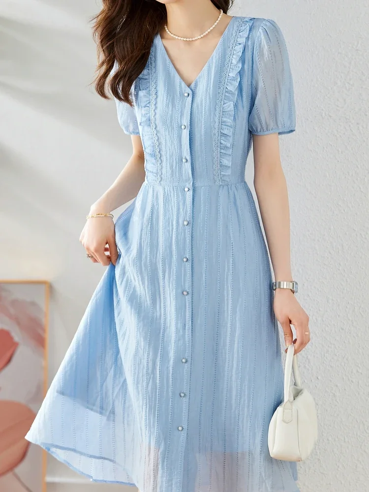 Vimly Vintage V-neck Blue Summer Dress for Women 2023 Lyocell Jacquard Short Sleeve A-line Button Down Elegant Shirt Dress M1362