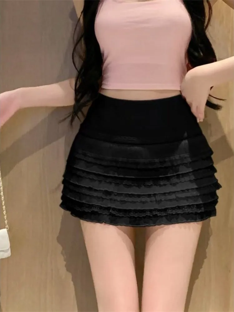 

Black High Waist Lace Cake Skirt Women's Spring Summer New plus Size Fat MM Match All Slim Layered Short Skirt Half Body Skirt
