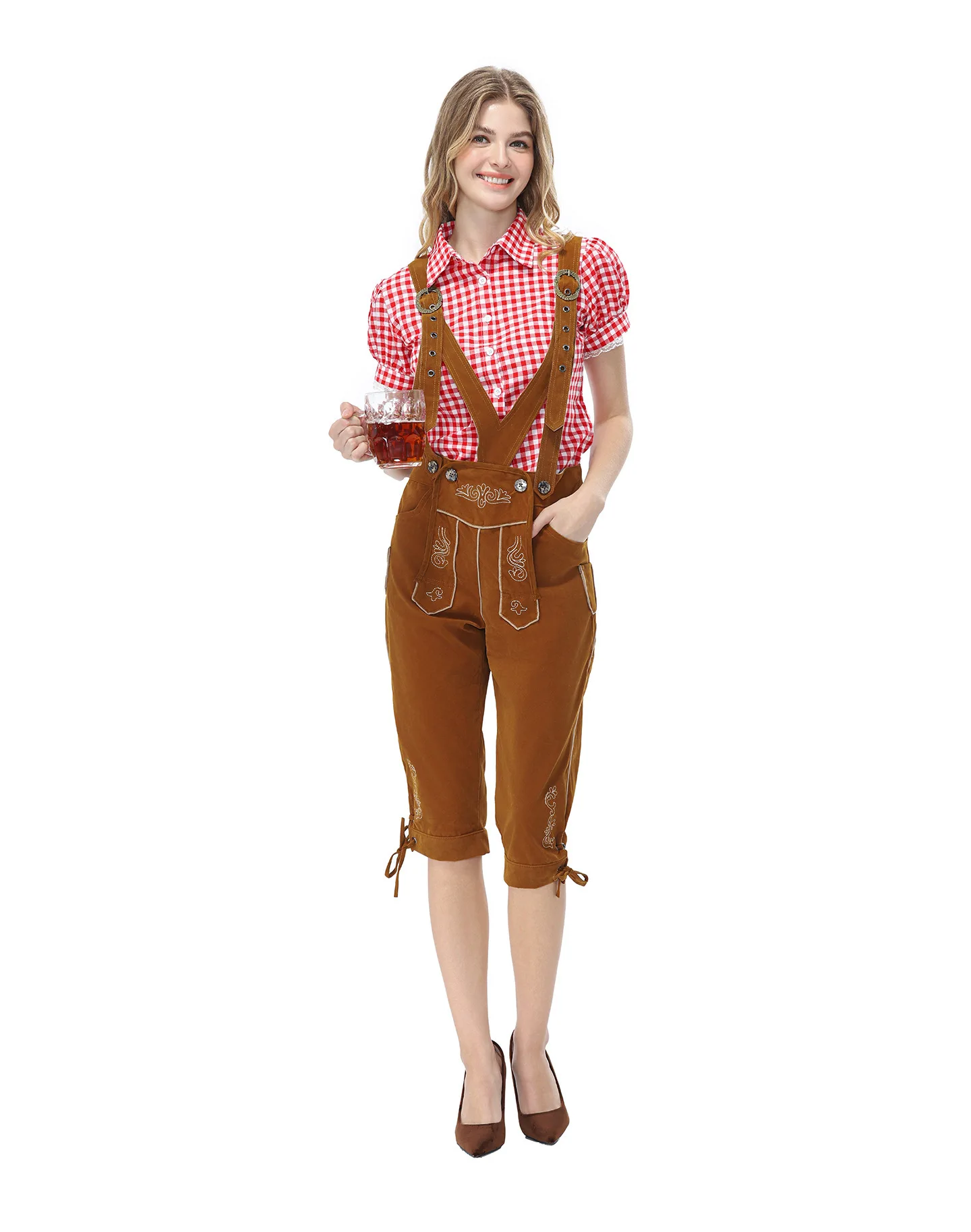 Vintage Bayerisches Lederhosen-Outfit für die Familie, Weißes Karohemd, Bestickte Hosenträgerhose, Oktoberfest-Party-Cosplay-Kostüm – Detail 18