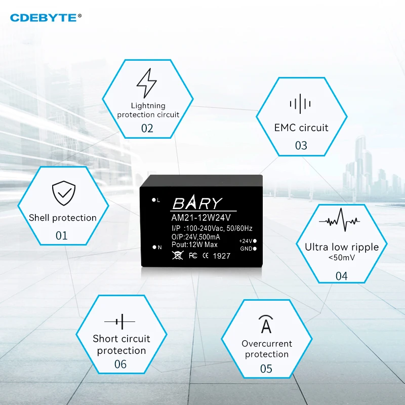 2PCS 12W AC-DC Buck Power Supply Module Small Size Low Power Consumption CDEBYTE AM21-12W24V Shell Protection Power Module