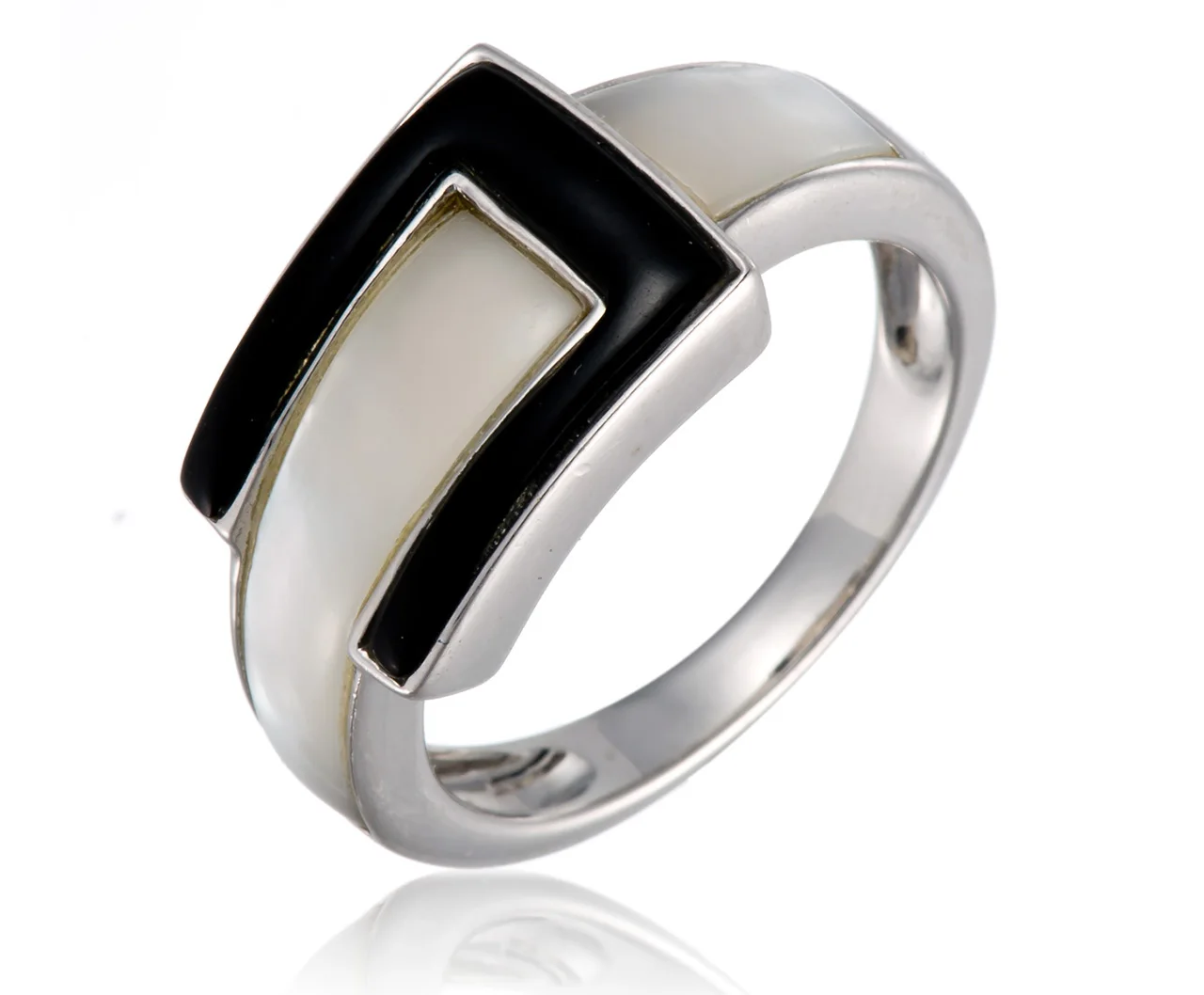 

Mother of Pearl and Black Agate Rhodium Over Sterling Silver Ring 3ctw