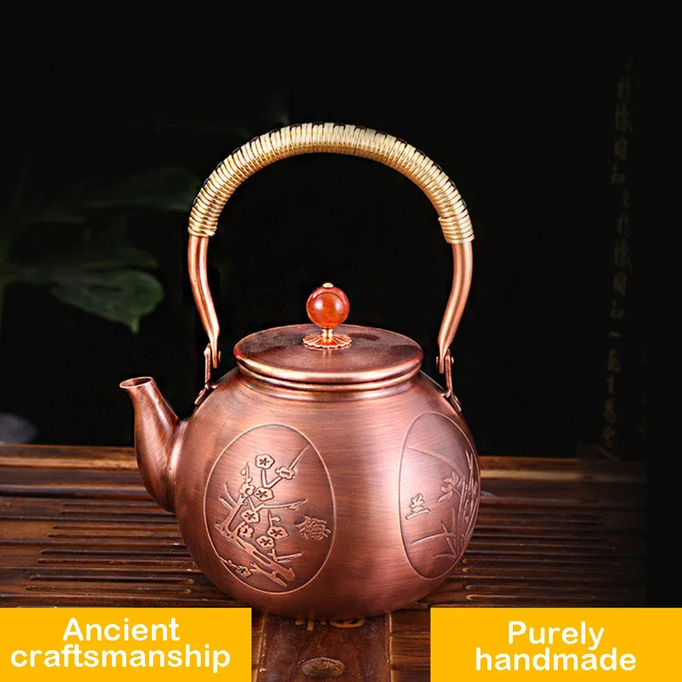 Retro copper pot, Handmade red copper boiling water kettle, High-capacity teapot for home, Health uncoated teakettle, 1200ml