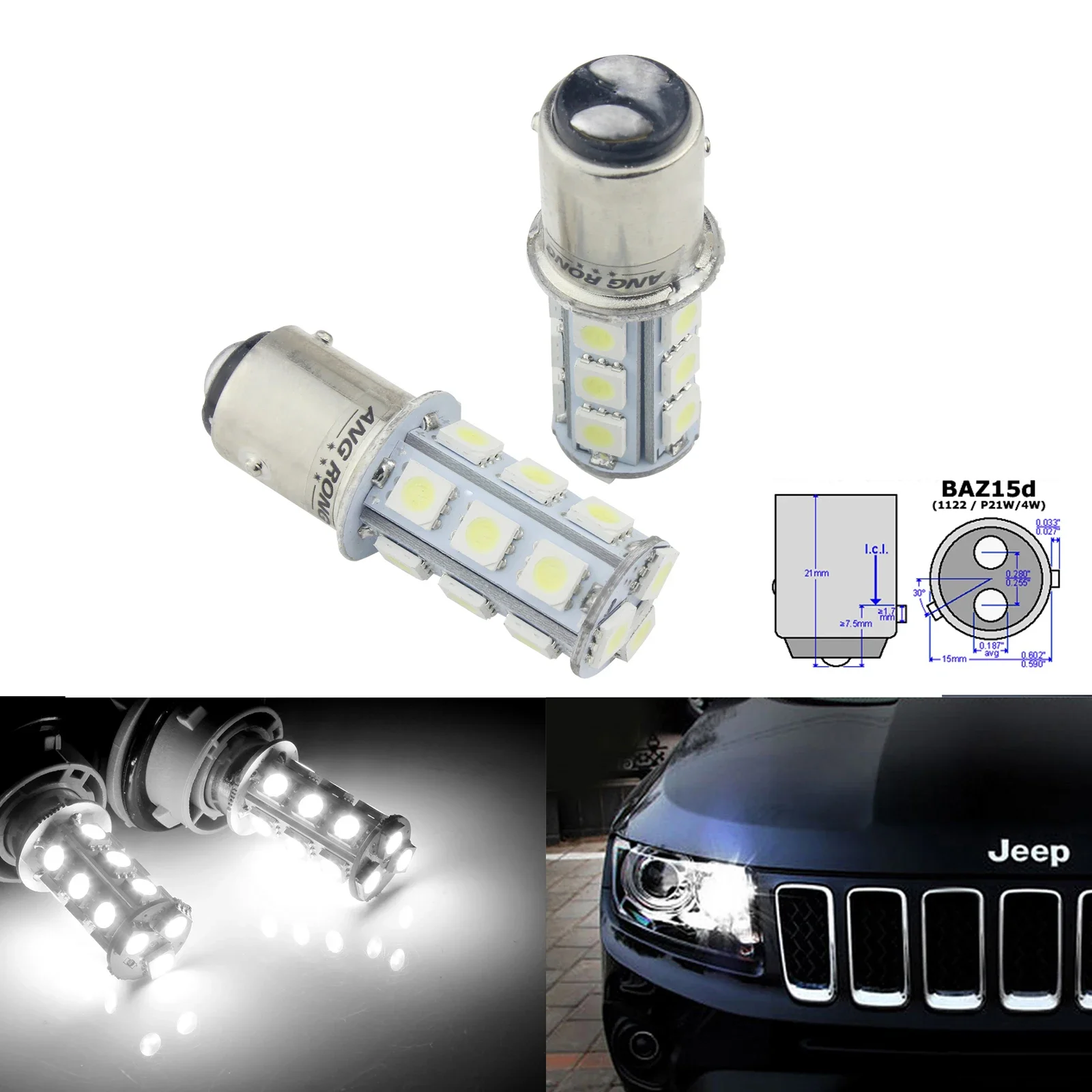 

ANGRONG 2pcs 5w BAZ15d P21/4w 566 18 SMD LED Brake Stop Tail Lamp Reverse Daytime Running Light DRL White