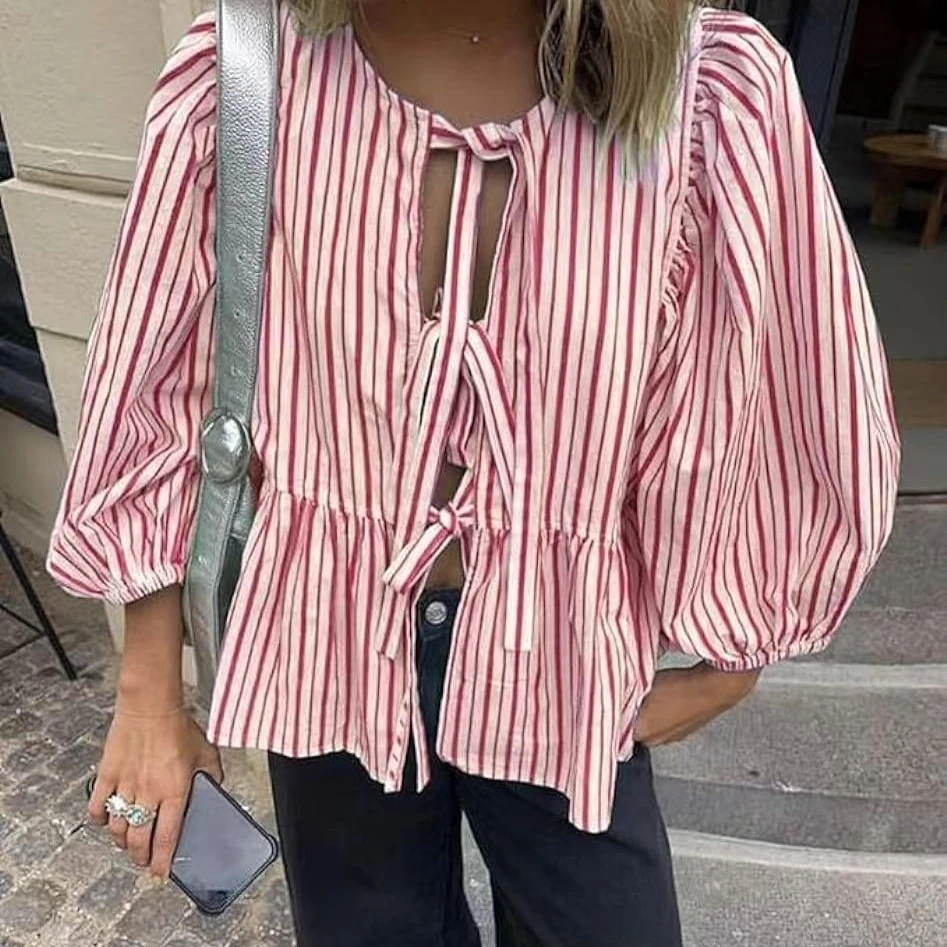 

Shirts Women White Blouses Lantern Sleeve Round Neck Lace Up T Shirt Sweet Elegant Pleated Office Lady Summer 2025 Streetwear