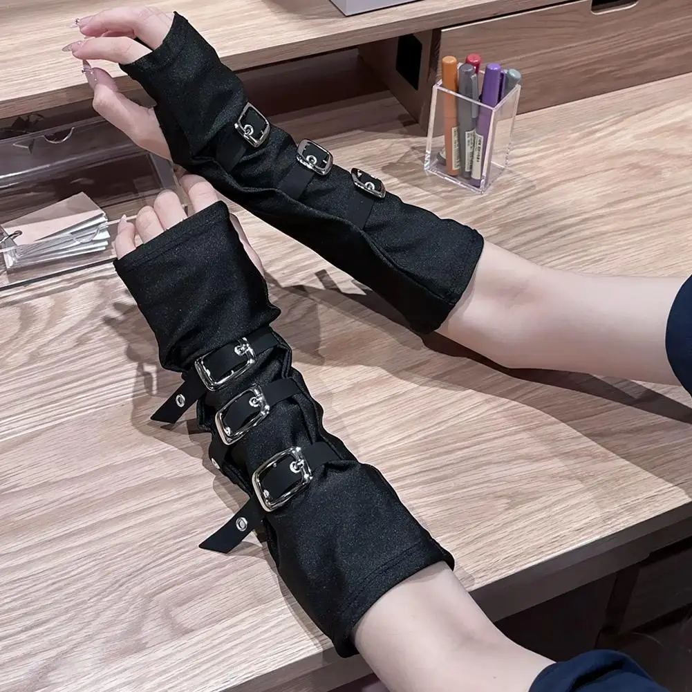 New Gothic Punk Style Metal Buckle Half Finger Gloves Lolita Cosplay Women Sun Protection Elasticity Arm Sleeves