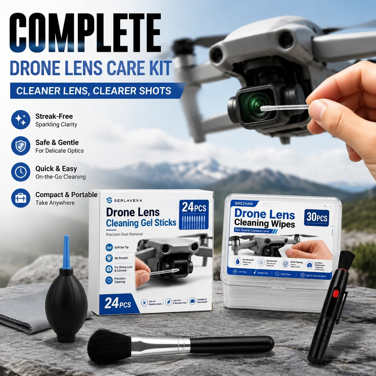 Complete Drone Camera Lens Cleaning Kit Dust Smudge Removal Gel Sticks Wet Wipes Air Blower Lens Pen Brush Microfiber Cloth