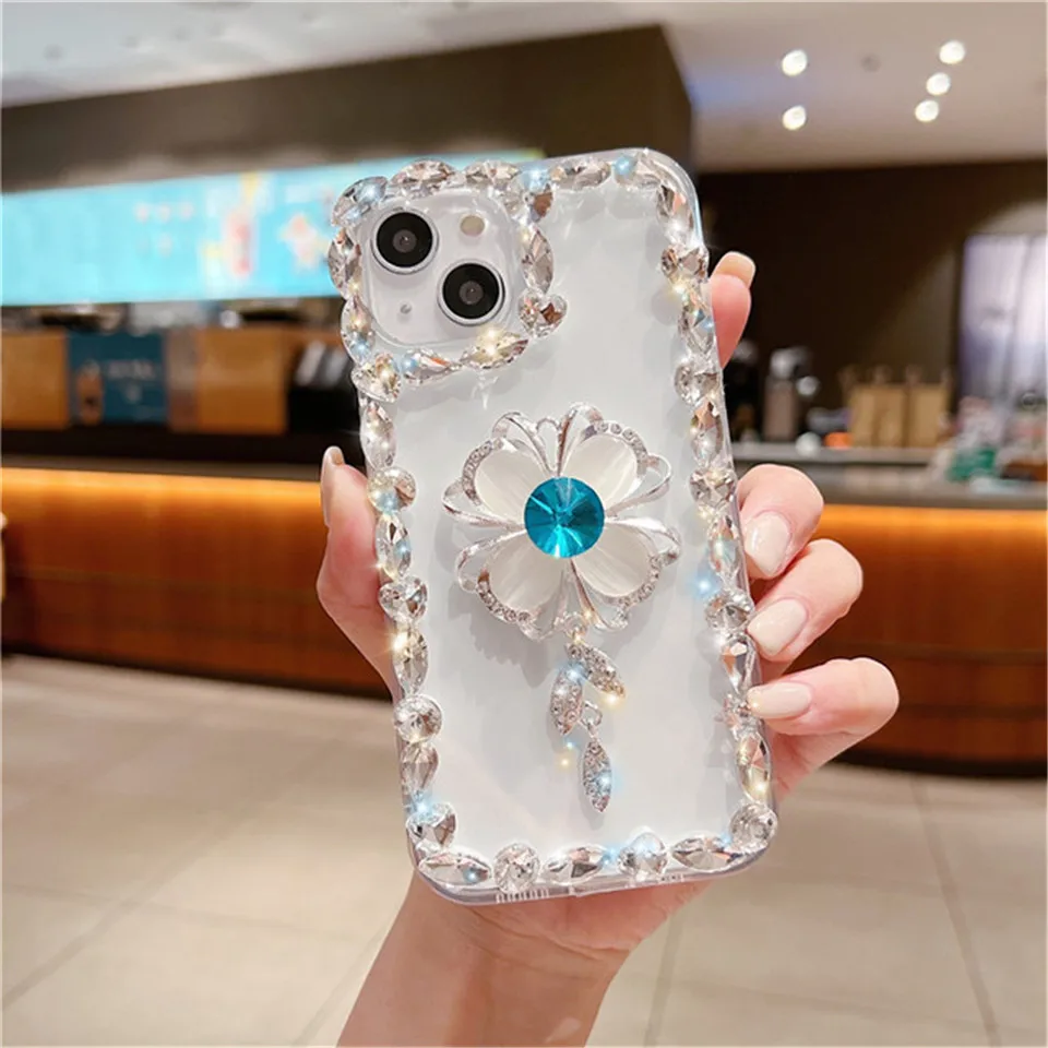 Luxury 3D Flower Diamond Glitter Transparent Cute Phone Case For iphone 14 13 12 11 Pro Max XS XR 7 8 Plus SE3 MiNi Soft Funda