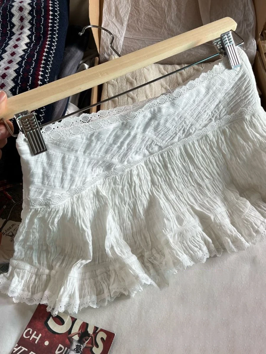 White Lace Trim Sweet Mini Skirts Summer Chic Folds Texture High Waist A-line Short Faldas Women Vintage Cute Balletcore Skirt