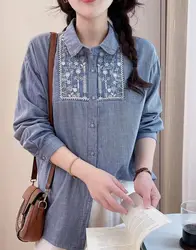 Mori kei elegant female blouses 100% cotton yarn blue plaid shirts with embroidery top female Japan style ethnic checkered blous