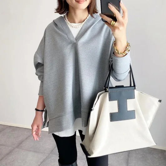 

Lazy Style Women's 2025 Autumn New V-neck Hooded Side Slit Solid Color Hoodie