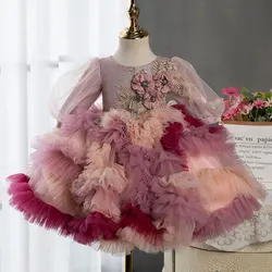 Jill Wish J402 Floral Dubai Fuchsia Flower Girl Dresses Arabic Appliques Princess Kids Gown for Baby Birthday Wedding Party Show