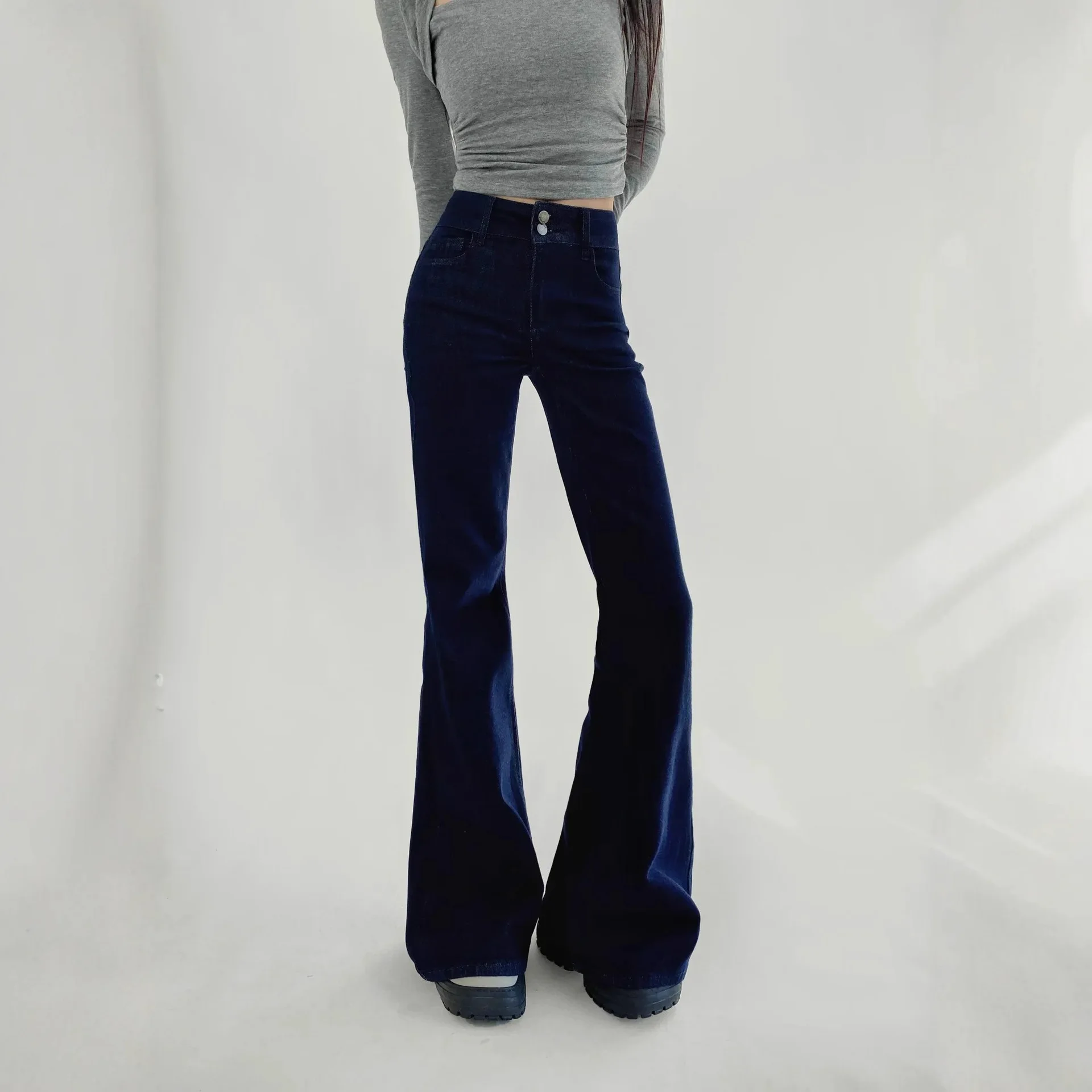 Casaul Fashion Style Stretch Micro Flare Jeans High Elastic Slim Fit Drapey Versatile Leg Bootcut Floor-Length Pants UNJY