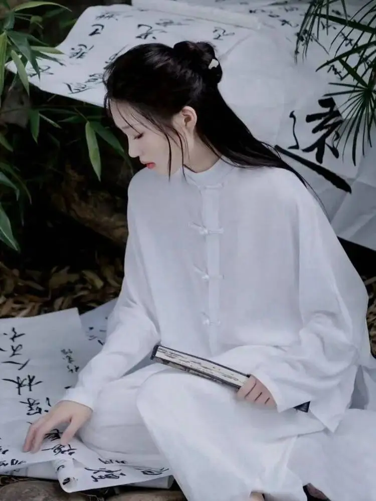 New Chinese Style Tang Suit Zen Practice Eight Section Silk Ribbon Women's Top Loose Fit Long Sleeve Polyester Fabric