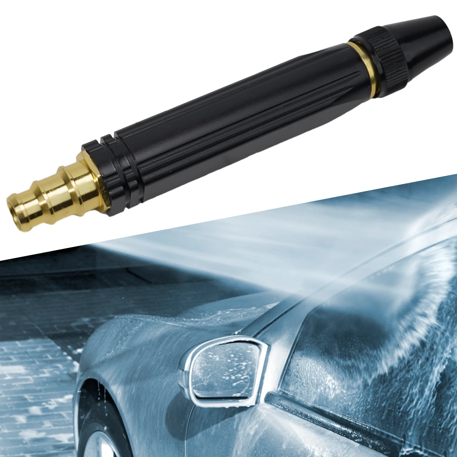 

Effortless Water Flow Adjustment on High Pressure Nozzle for Garden Hose with Rotatable Tip and Secure Connection to Tap System