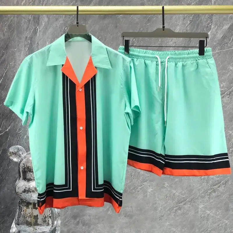 

Hawaiian Shirt Beach Short Sleeve Set Men Summer Men Clothing Camiseta Hombre Contrast Color Stitching Print Shirt Suit Casual