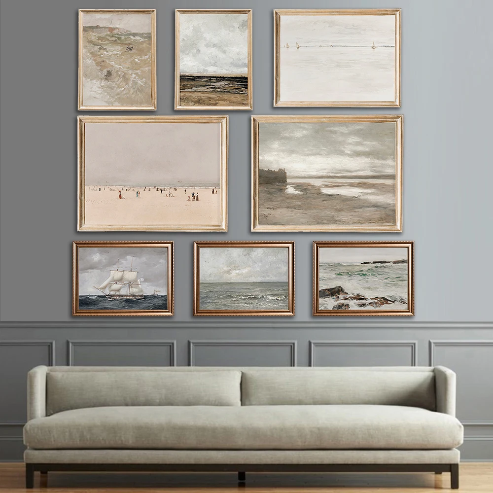 Moody Beach Coastal Sea Print Painting Neutral Beach Print Muted Vintage Canvas Painting Antique Ocean Waves Ship Wall Art Decor