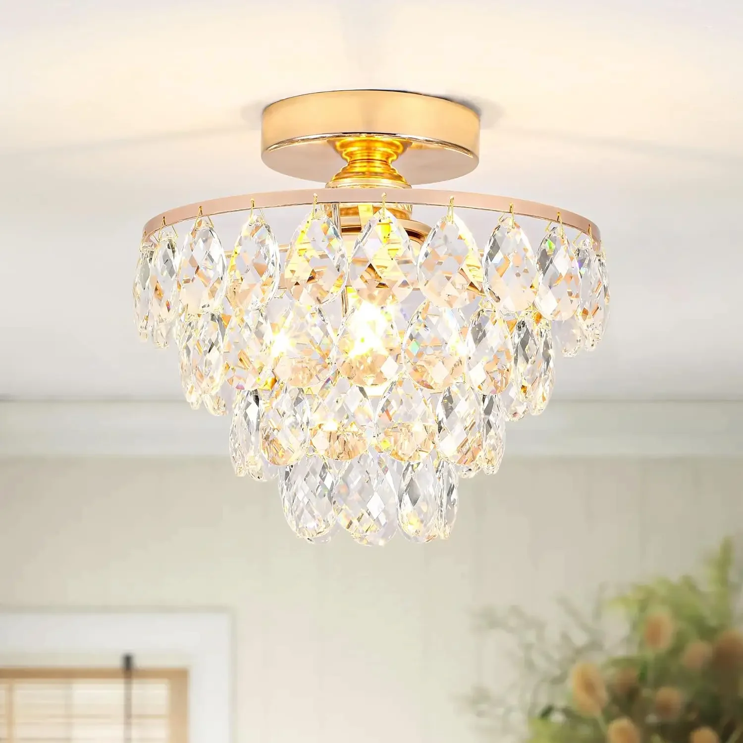 Gold Crystal Chandelier Small Modern Chandelier, Mini Ceiling Light Flush Mount Crystal Chandelier Hallway Light Fixtures