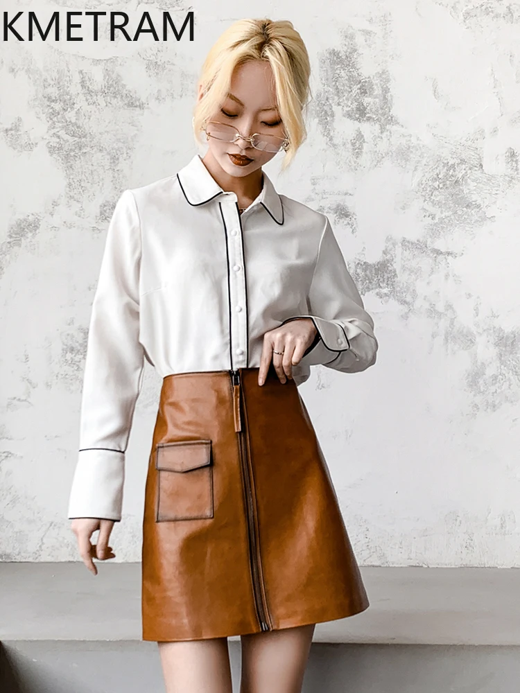 KMETRAM 100% تنانير نسائية من جلد الغنم بطبقة علوية لخريف 2025 تنورة صفراء من الشمع الزيتي تنورة قصيرة من الجلد الطبيعي ملابس نسائية يجيبكا #3