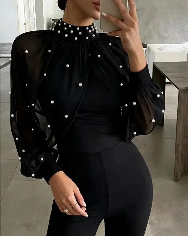 

Women Jumpsuits Pearls Decor Mock Neck Chiffon Draped Cape-Style Lantern Sleeve Overalls Women's Casual Ruched Flared Jumpsuit