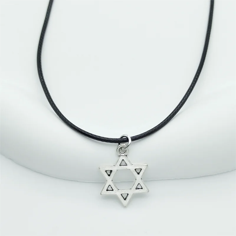 Fashion Star of David Hexagonal Star Necklace Ladies Gothic Black Leather Rope Necklace Simple Charm Pendant Men's Jewelry Gift