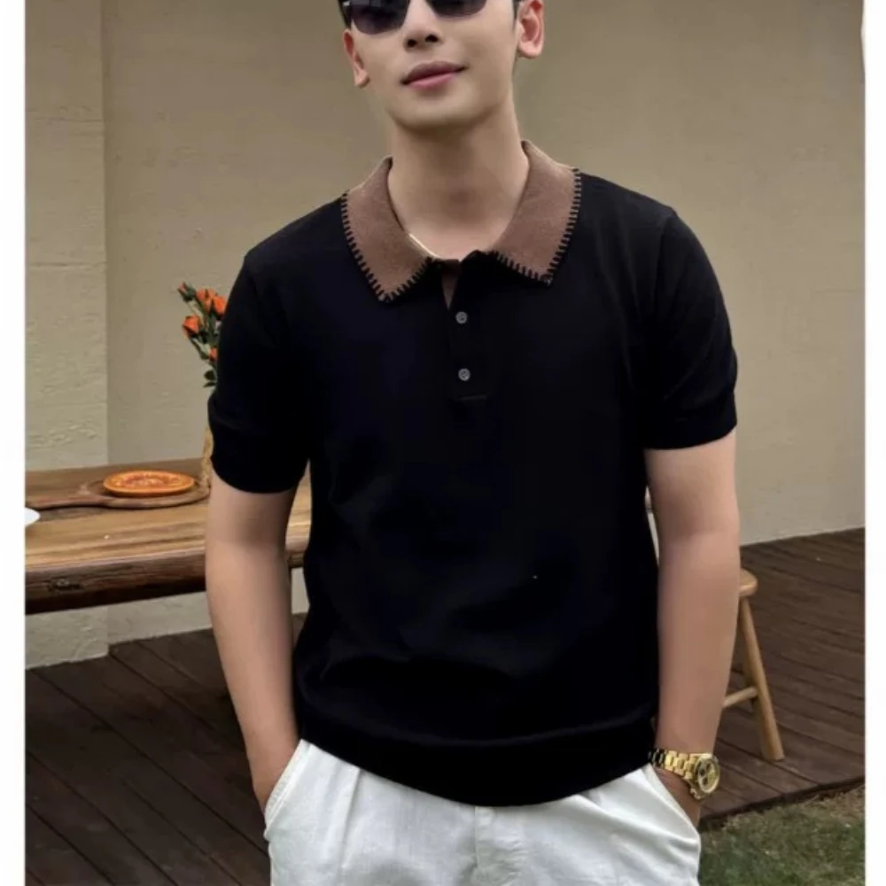 British Style Spliced Knitted Polo Shirt for Men Summer Loose Relaxing Social Casual T-shirt Versatile Business Office Tee Tops