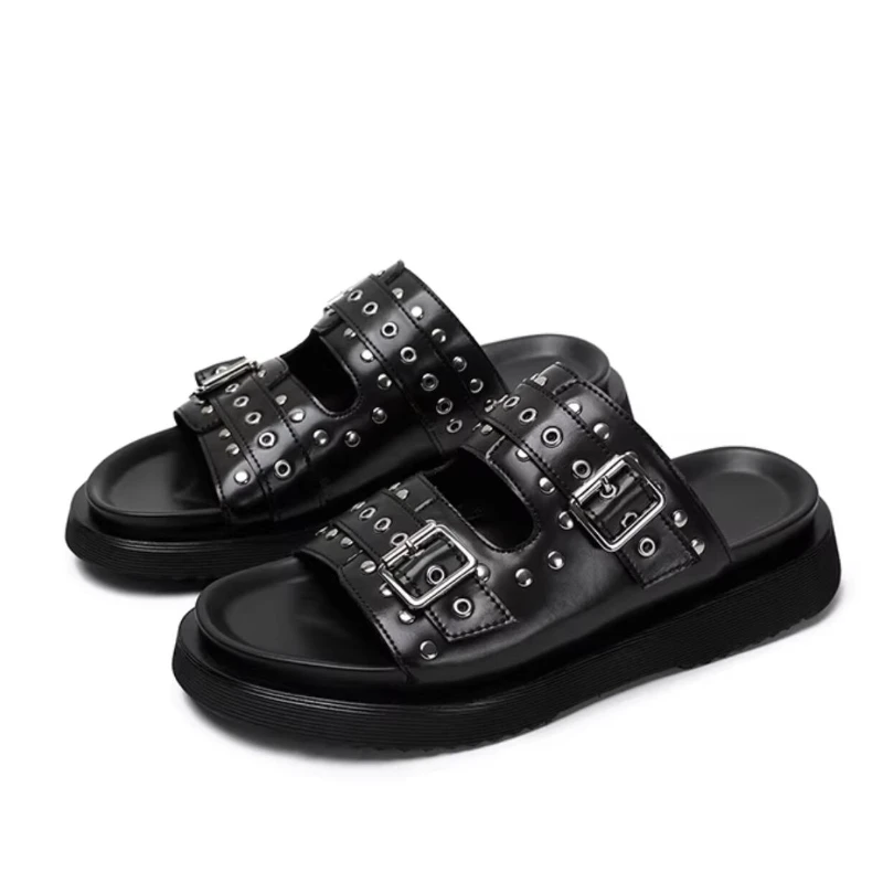 Men Birkenstocks Summer Outside Wear Cowhide Rivets Metal Motorcycle Thick Sole Non-slip Anti-odor Leather Sandal Slippers