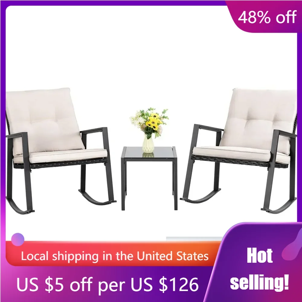 

Chairs 3 Piece Wicker Rocking Chair Outdoor Sets With Coffee Table and Cushions Furniture for Porch Freight Free Camping