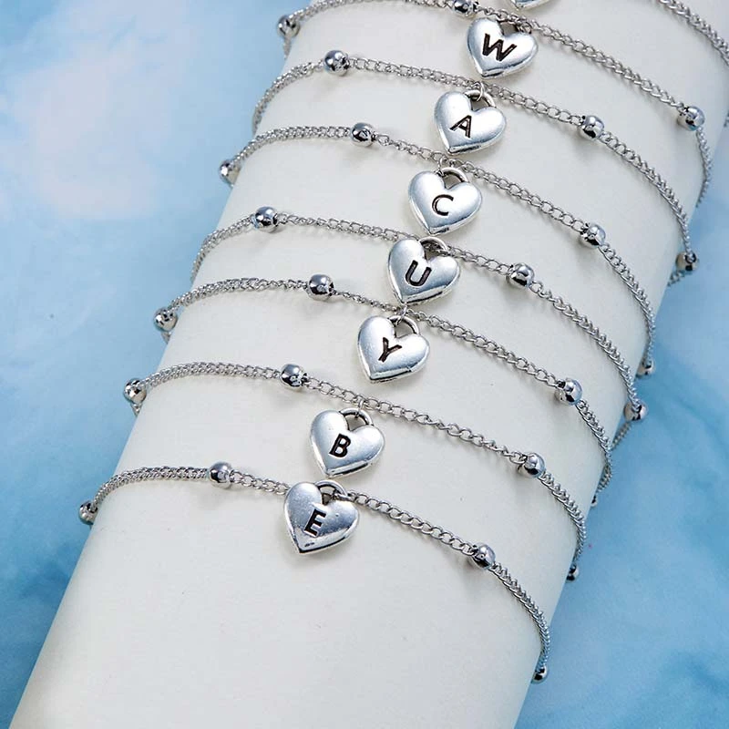 Simple 26 Letters Initial Heart Anklet Bracelet for Women Couple Silver Color Chain On Leg Foot Ankle Jewelry Beach Accessories