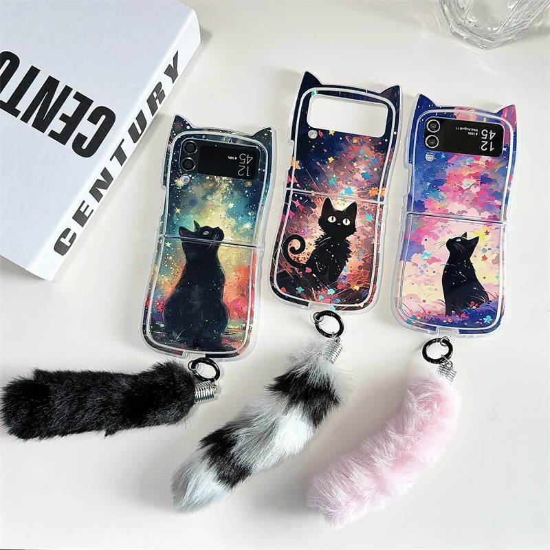

Black Cat Plush Pendant for Samsung Galaxy Z Flip 7 6 5 4 Protective Back Cover for ZFlip5 ZFlip6 ZFlip7 Case Shell