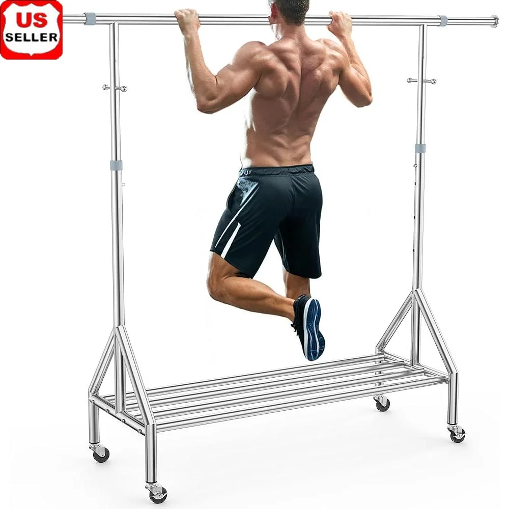 

Heavy Duty Stainless Steel Clothes Rack 760LBS Capacity Extendable Adjustable with Lockable Wheels Silent Rolling W/Rubber Rings
