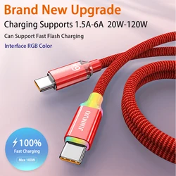 JINMUXI RGB 120W USB C to USB Type C Cable USBC Fast Charging Cable USB-A Type C Cable for Xiaomi OPPO Samsung iPhone 15 16 POCO