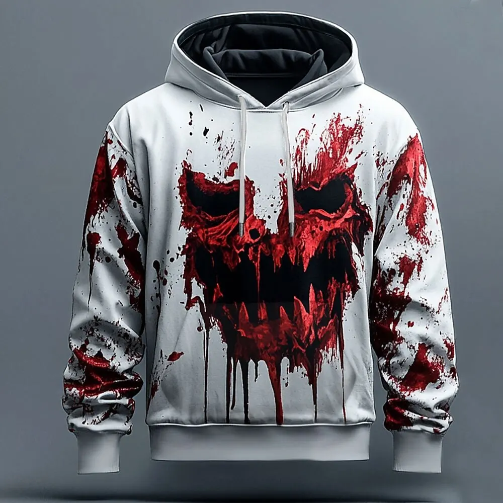 Men's Hoodie Horror Pattern Print Casual Short Sleeve Tee Street Autumn Fashion Hooded Sweatshirt Male Oversized Clothing