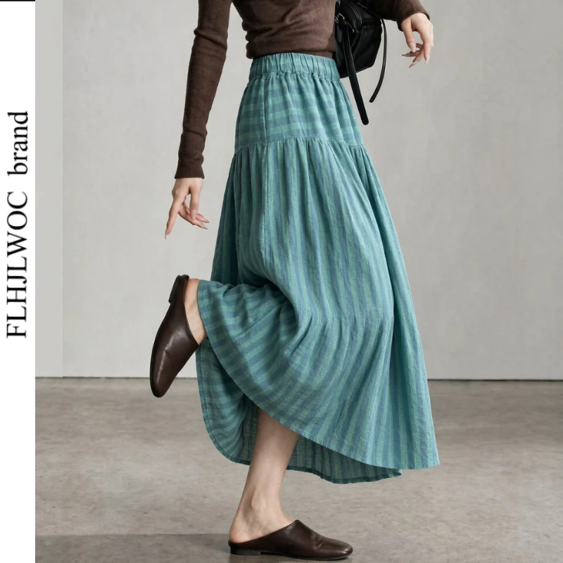 FLHJLWOC Women's Korean Linen Striped Maxi Skirt Autumn Japanese Style Girls Green Retro Relaxed High Waist A Line Long Skirt