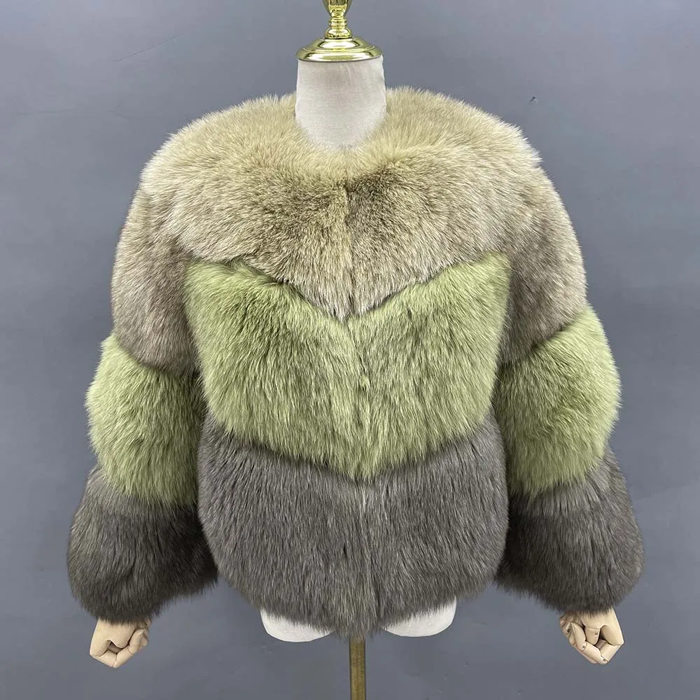 

JANEFUR Fox Fur Coat Women 2023 V-Neck Fashion Short Mixed Color Custom Wholesale Winter Real Fur Jackets