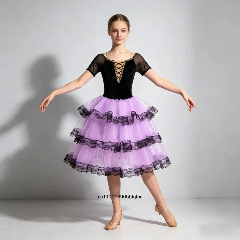 Professional Ballet Romantic Tutu Dress Spanish Style Long Flowy Skirt For Women Adult Girls Kids Stage Performance Dance Costum