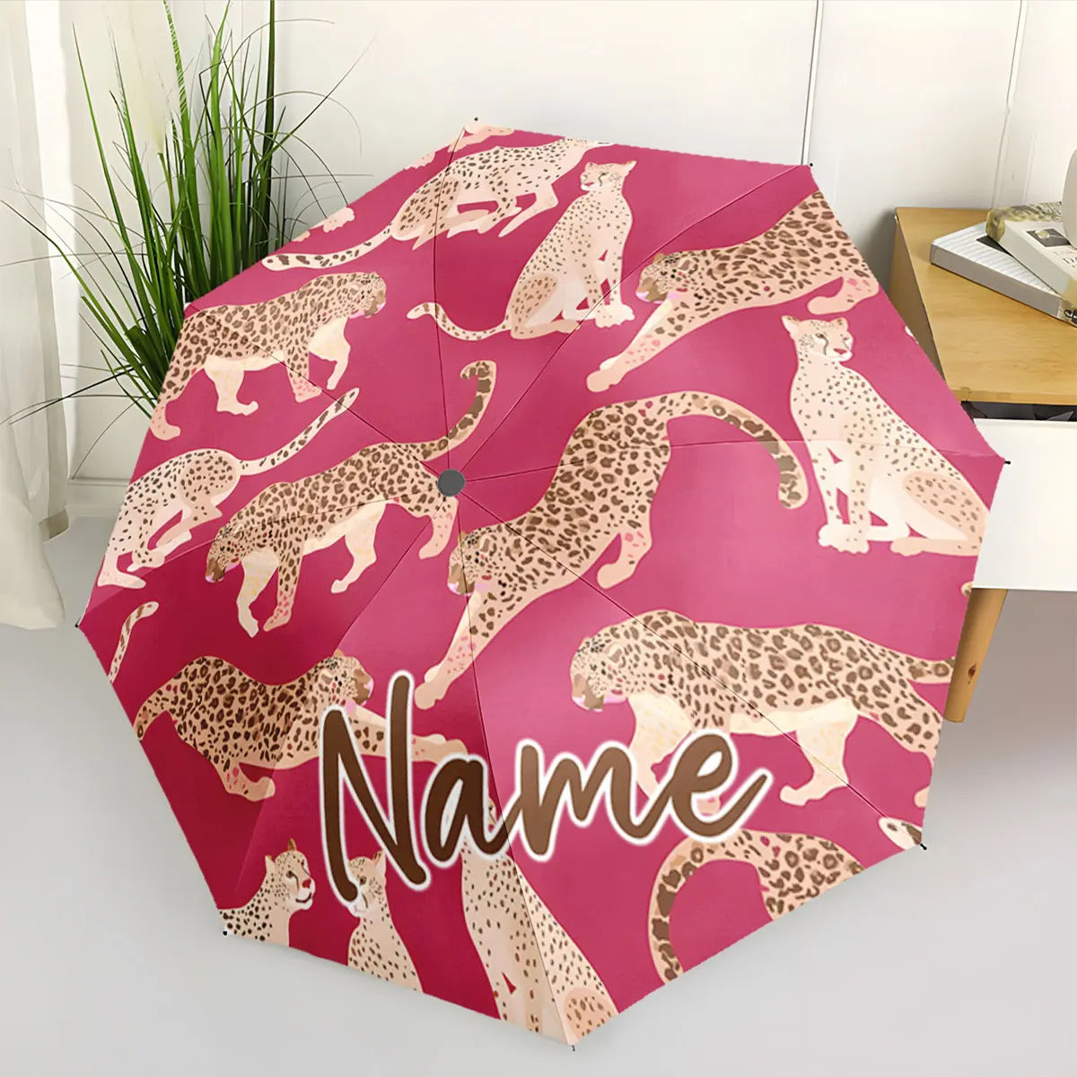 Custom Name Umbrella Pink Leopard Umbrella Design with Bold Text Print 8 Iron Ribs Folding Umbrella Auto-Open Fashion Sunshade