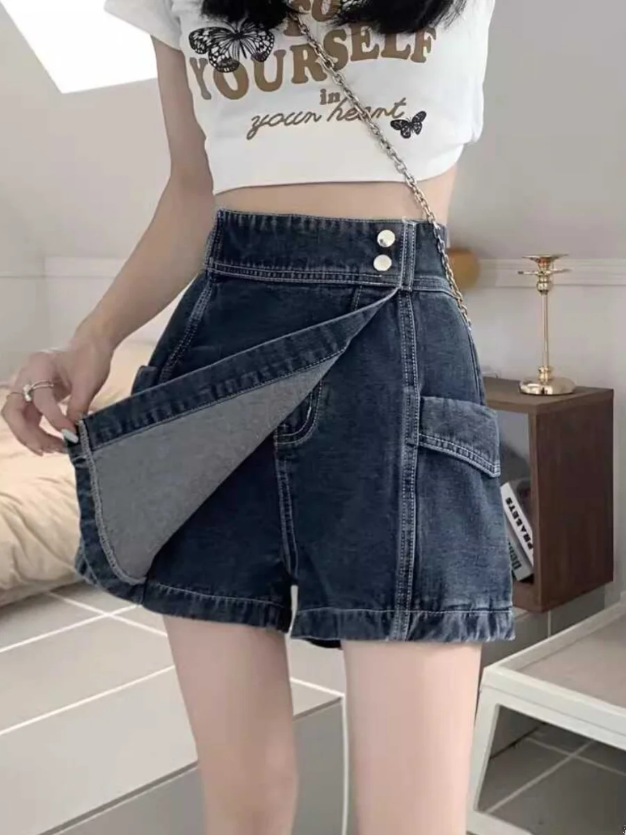 

High Waist Asymmetrical Denim Shorts Women's Summer New plus Size Pear Body Design A-Line Skirt Pants for Young Women