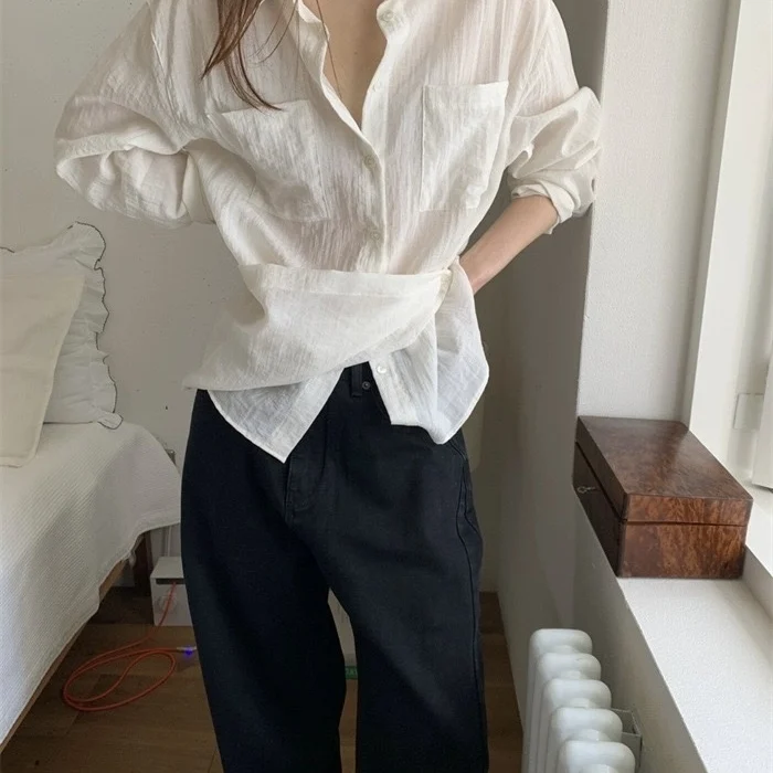 Minceur Long Sve couleur Pure col plat conception femmes irt printemps automne nouveau Sle décontracté coupe ample respirant confortable