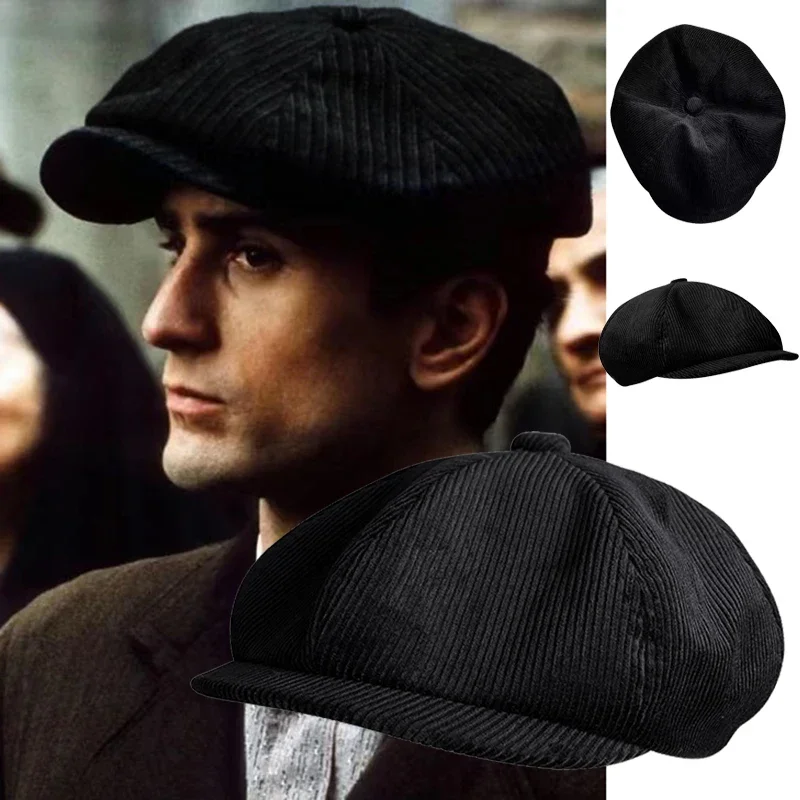 Corduroy Newsboy Caps Black Autumn Winter Beret Retro Peaked Cap Octagonal Cap for Men Women NC54