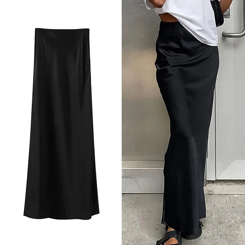 

Fashion Satin Black Long Skirt For Women Y2K High Waist Hip Package Skirts Female 2023 New Casual Loose Skirt Street Wear