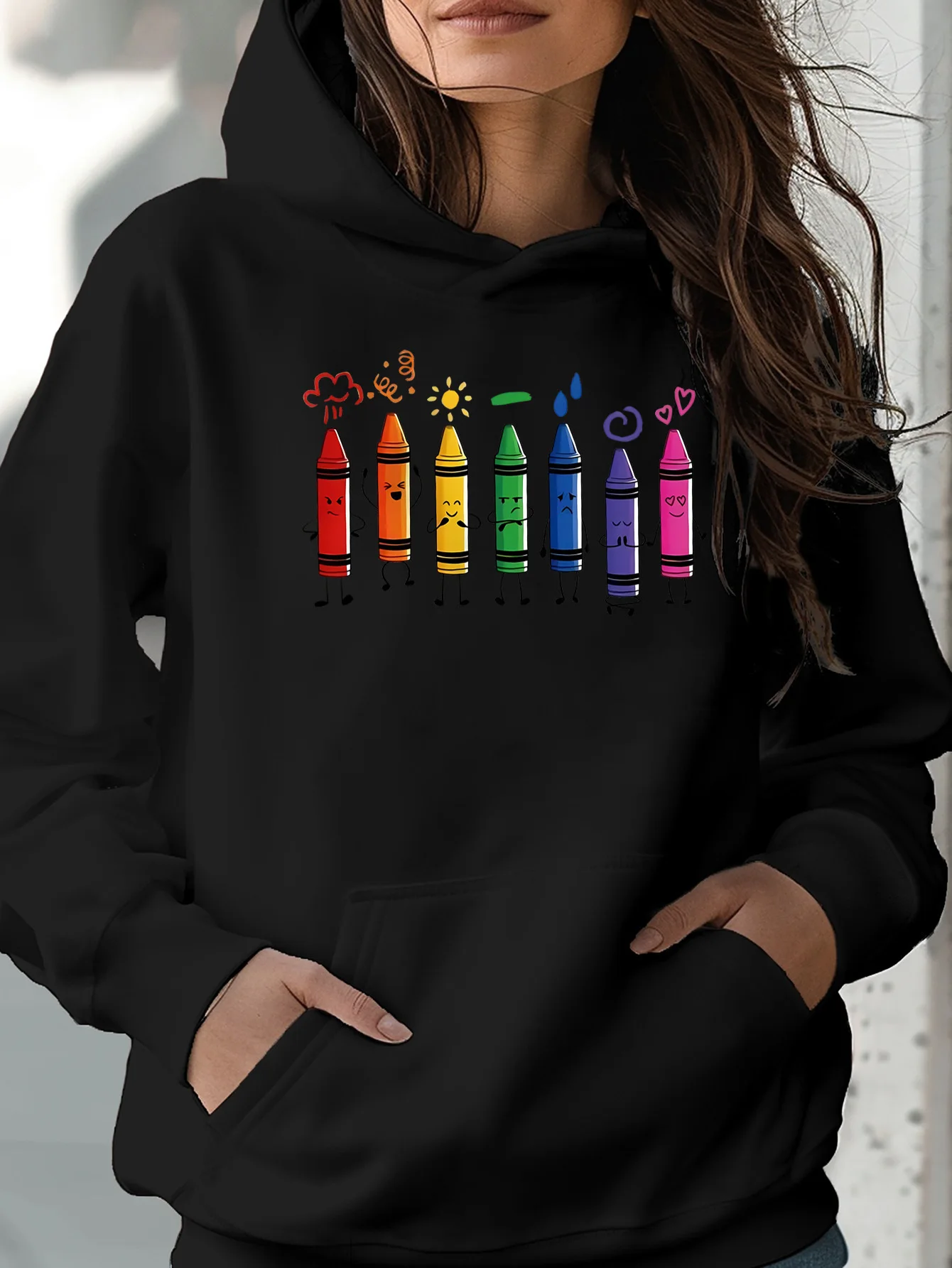 

Colorful crayon-printed kangaroo pocket hoodie, casual long-sleeved drawstring hoodie, winter and autumn women's wear