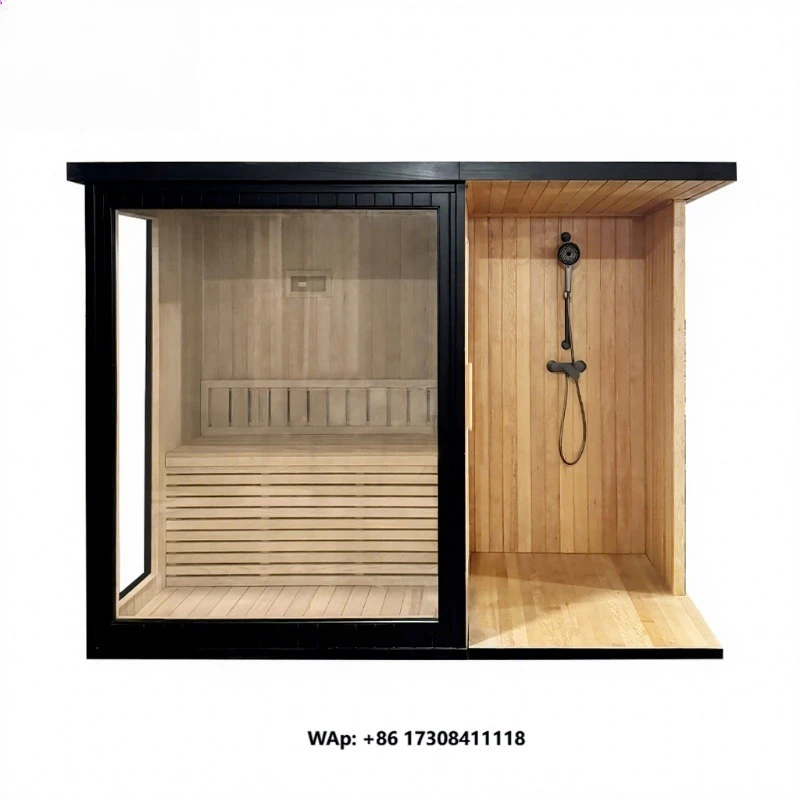 Luxury Outdoor Spa Sauna Combo 4-6 Person Solid Wood Dry Sauna with Steam Shower for Backyard Wellness