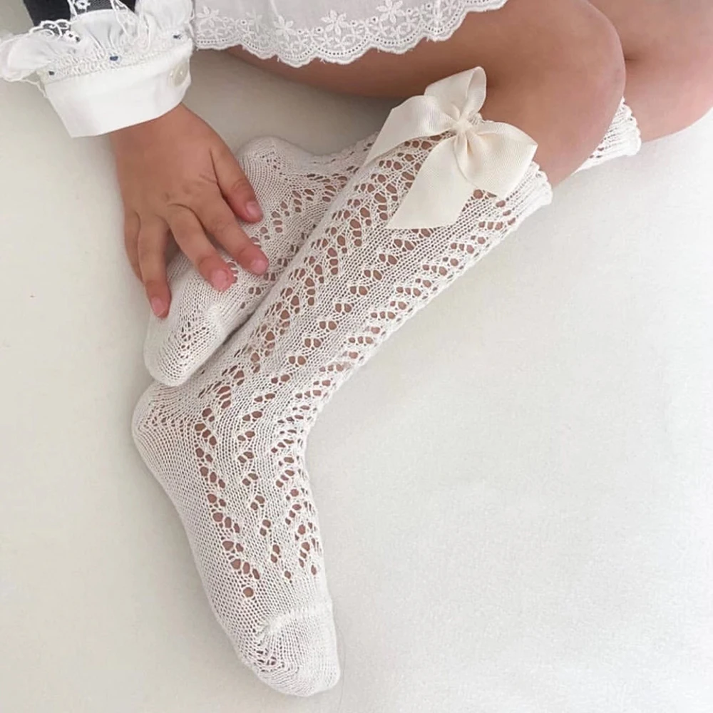 

3Pairs New Summer Girls Knee High Socks Bows Cotton Breathable Soft Children's Socks Hollow Out Newborn Infant Baby Long Socks