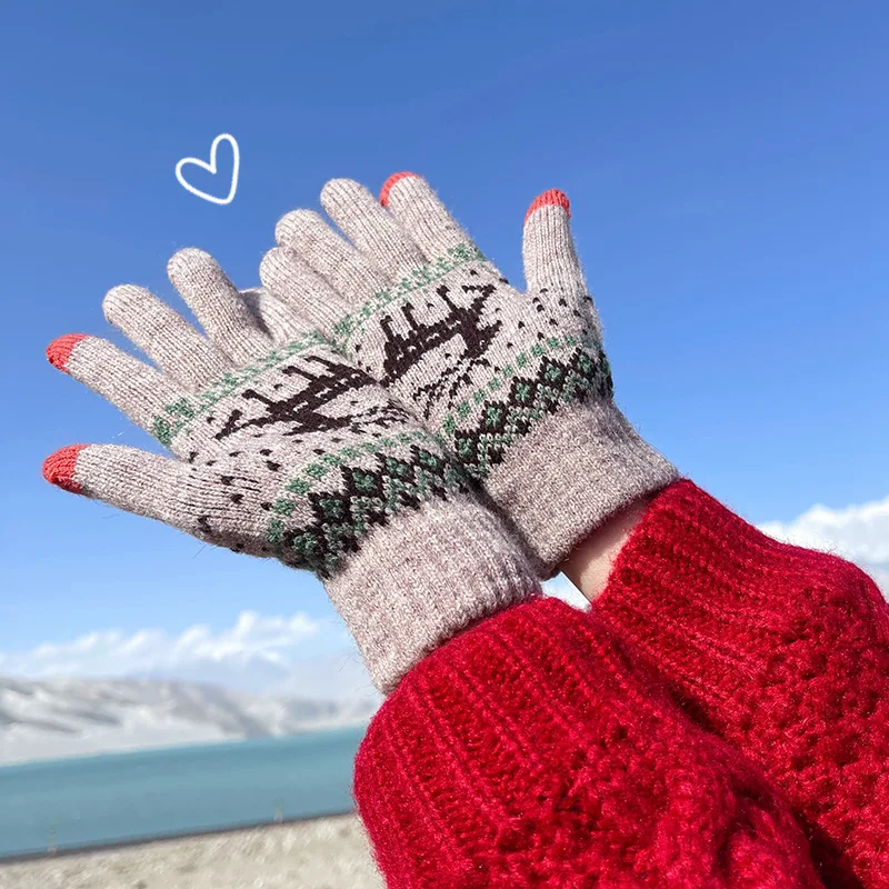 Winter Christmas Knitted Gloves Women's Outdoor Windproof Warm Thickened Padded Five Finger Woolen Gloves Can Touch Screen Soft