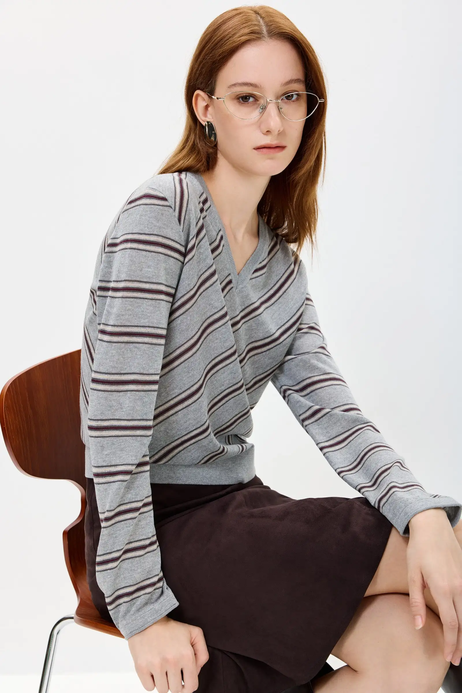 LILY Contrast Stripe V-Neck Sweater