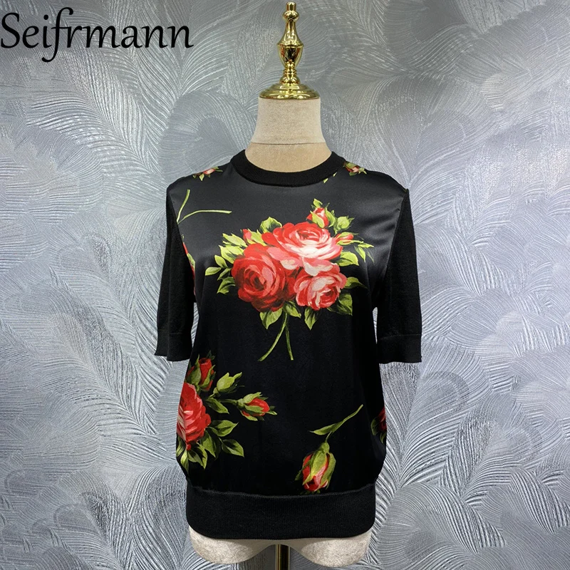

Seifrmann 2026 Spring Women's New clothing Fashionable Round Neck Short Sleeve Knitted Silk Printed Top