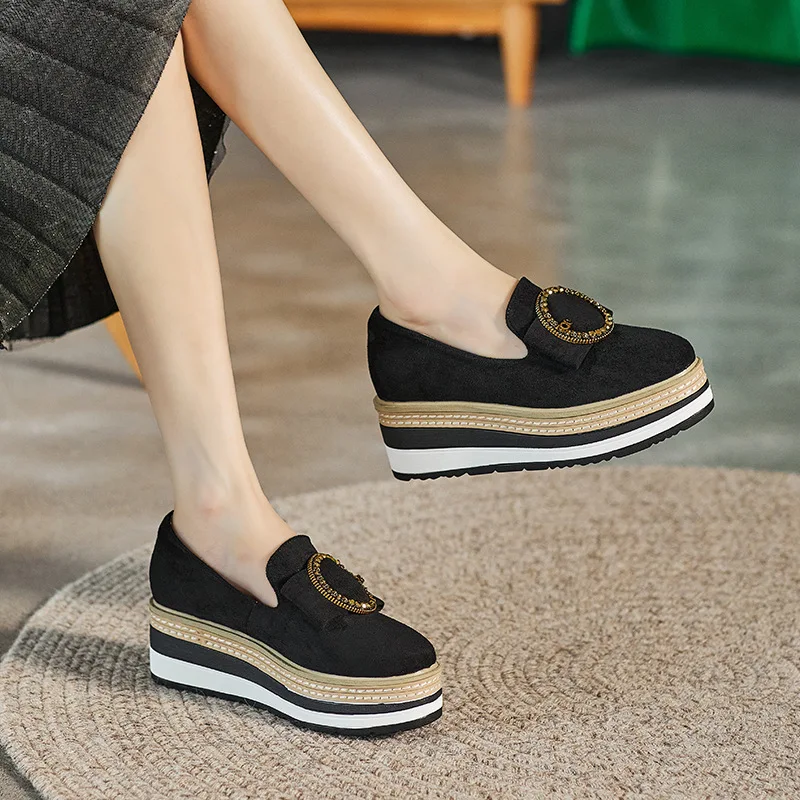 Shoes Woman 2024 Increas Height Clogs Platform Casual Female Sneakers Flats British Style Slip-on Round Toe Autumn Loafers With