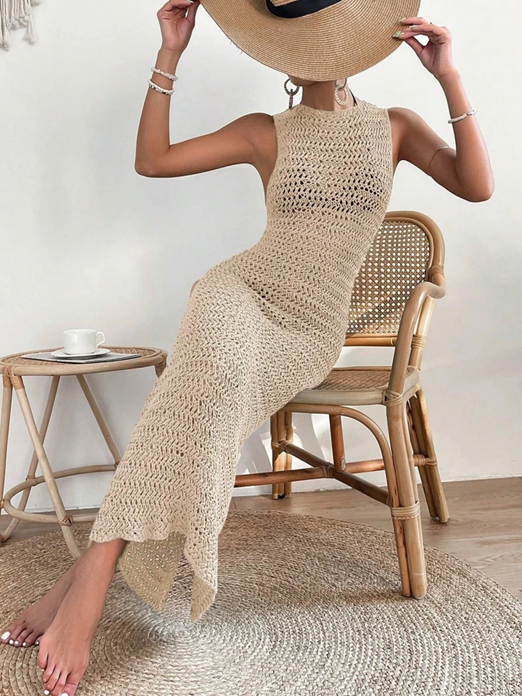 

Fashionable and elegant round neck waist hollow curve dress women's sleeveless slim fit commuting wool dress